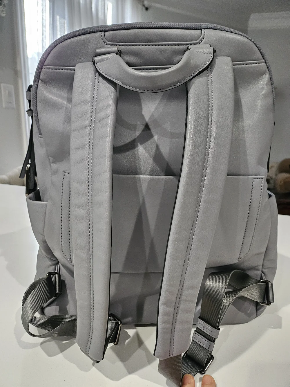 Tumi Light Gray Leather Backpack with Front Pocket